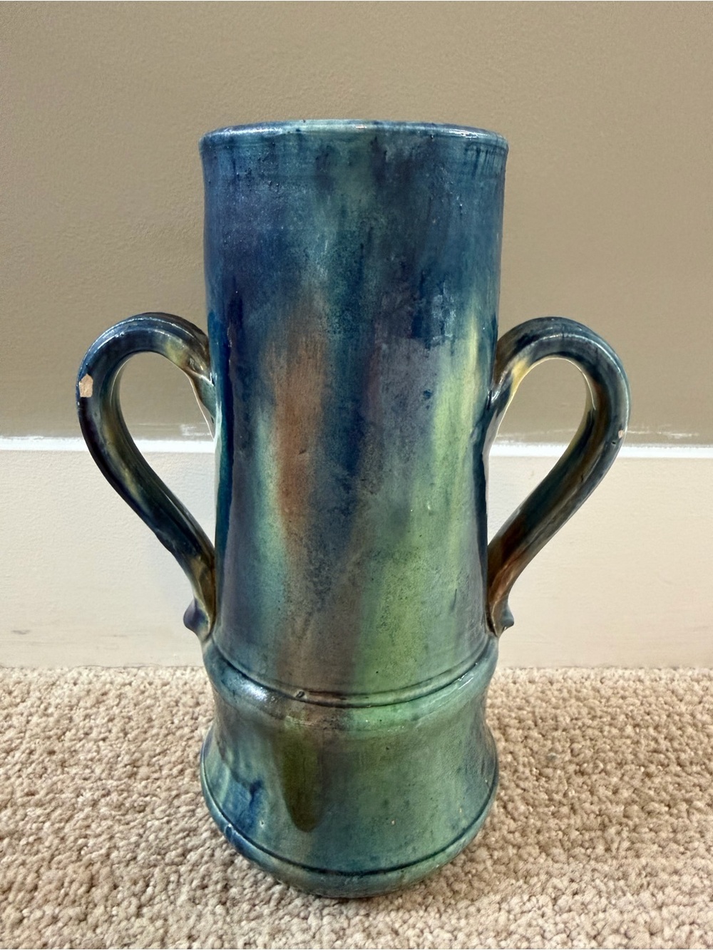 Vintage Belgian Art Deco Thulin Attributed Vase #225 Blue Green Pottery 9.5”